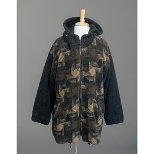 IZZI Vintage Fuzzy Sherpa Cozy Oversized Geo Teddy Bear Hoodie Zip Jacket size M